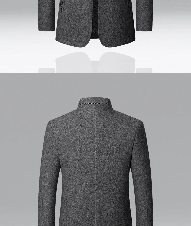 Mens Winter Wool Coat Stand Collar Business Jacket (Gray)