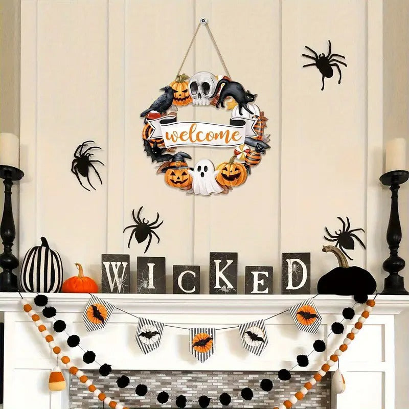 Halloween Wooden Wreath Black Cat Pumpkin Skull Sign