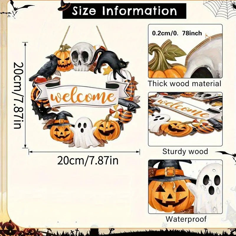 Halloween Wooden Wreath Black Cat Pumpkin Skull Sign