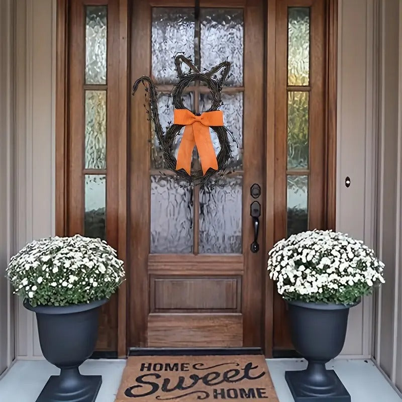 Black Cat Silhouette Twig Wreath Halloween Decoration