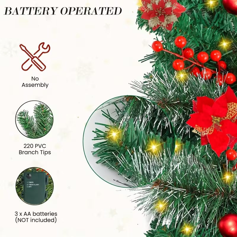 Lighted Christmas Wreath with Red Poinsettia