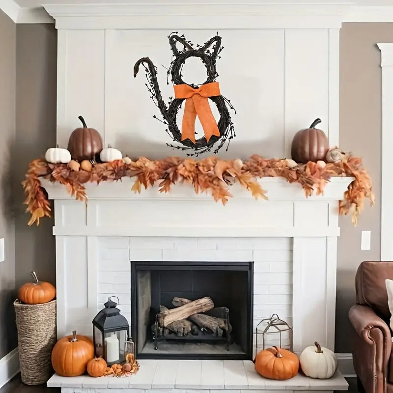 Black Cat Silhouette Twig Wreath Halloween Decoration