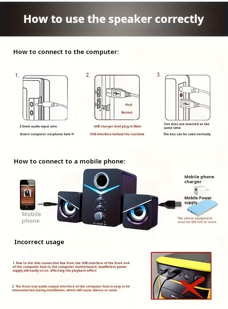 9D Surround Sound 2.1 Channel USB Speakers
