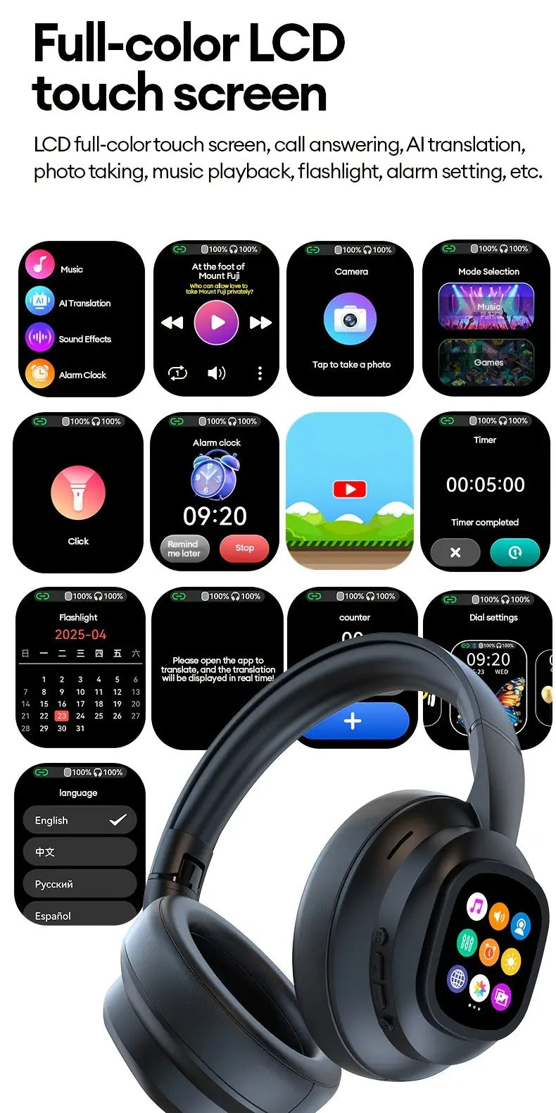 AI Translation Headphones LCD Touch Wireless Earbuds