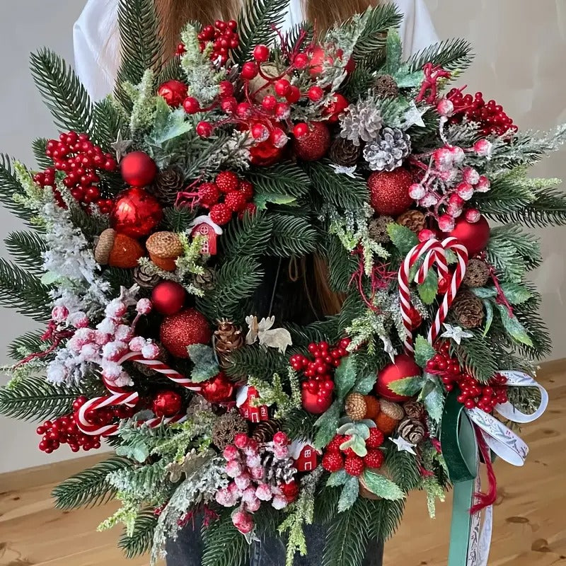 Christmas Wreath with Red Berries and Pine Cones