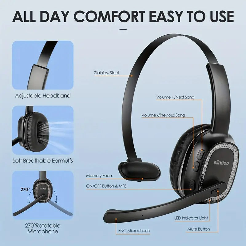 Wireless Noise Cancelling Headset for Office & Drivers