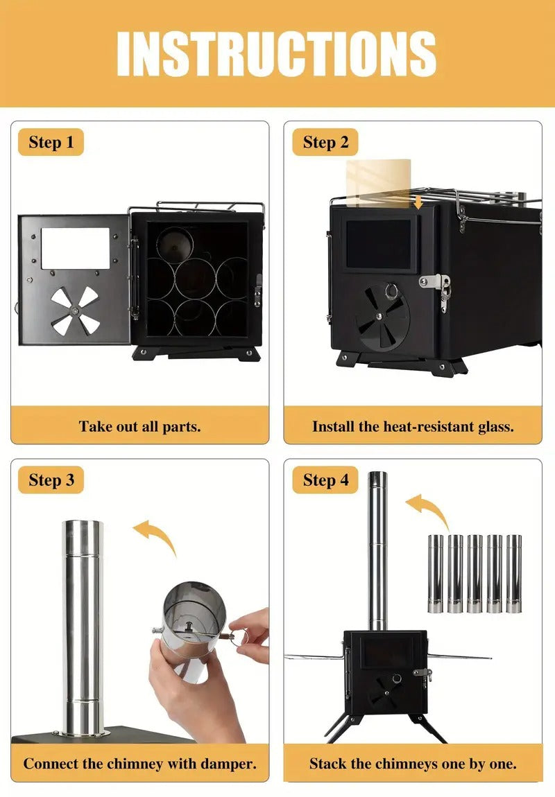 Iron Portable Camping Wood Stove with Chimney