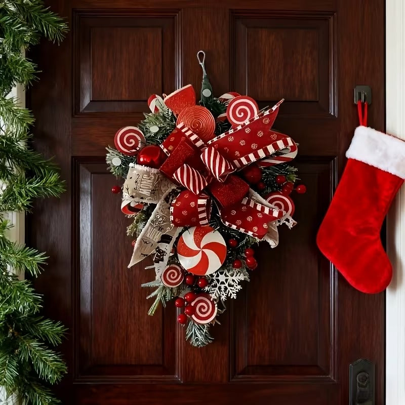 Christmas Candy Bow Upside-Down Tree Wreath Decor
