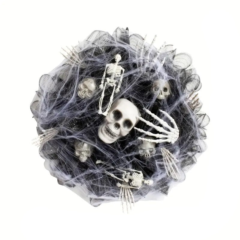 Halloween Skull Wreath Black Mesh Door Hanging
