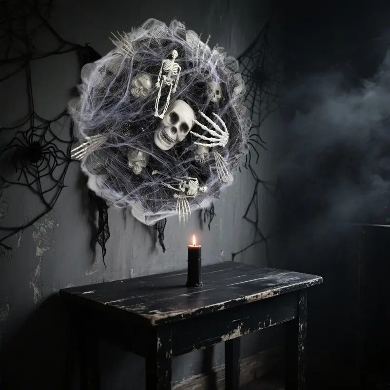 Halloween Skull Wreath Black Mesh Door Hanging