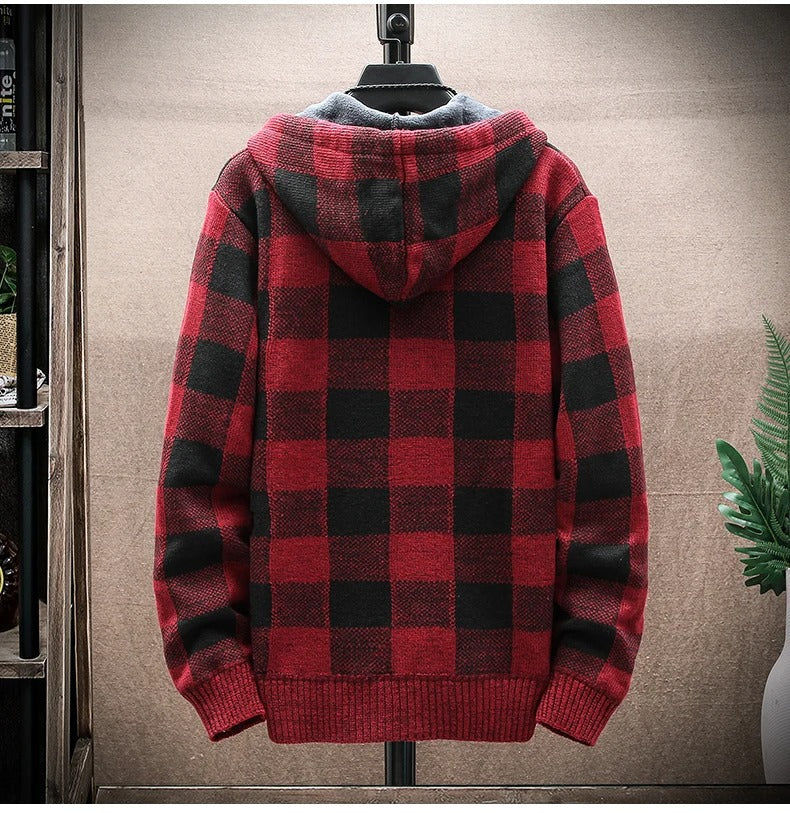 Men's Winter Hooded Plaid Wool Knit Cardigan
