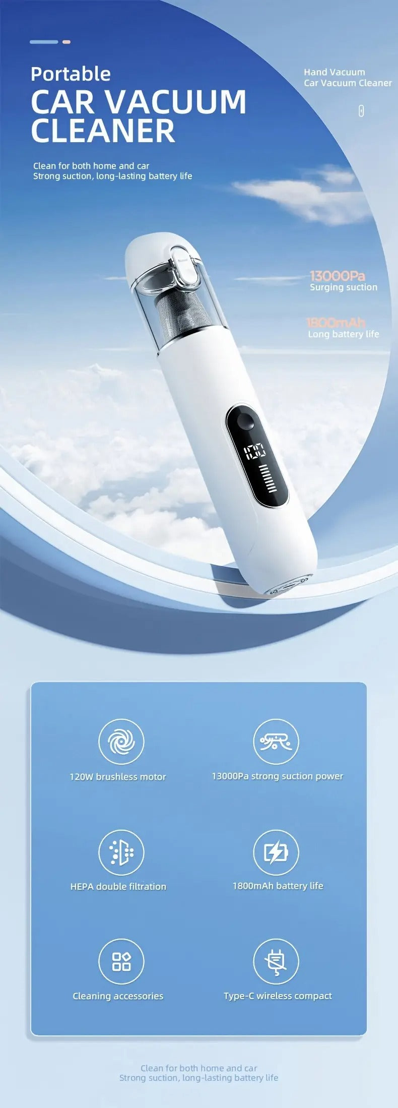 Cordless Vacuum Cleaner 13000Pa Powerful Suction