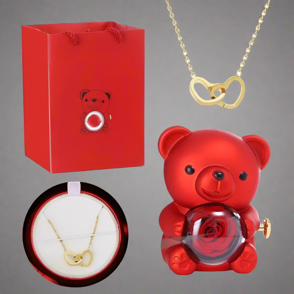 Teddy Bear Gift Box With Rose Jewelry Storage (Red)