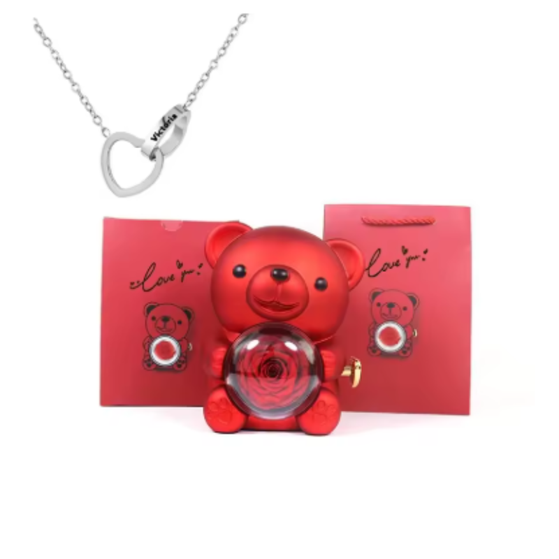 Eternal Rose Teddy Bear Gift Box With Necklace (Red Silver)