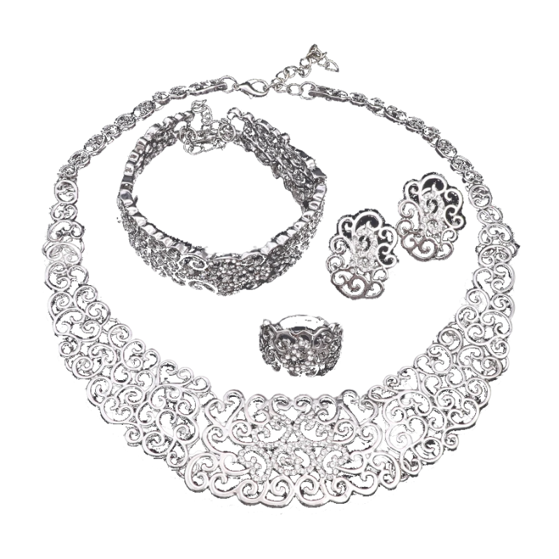 Jewelry Set Necklace Earrings Ring Bracelet (Silver)