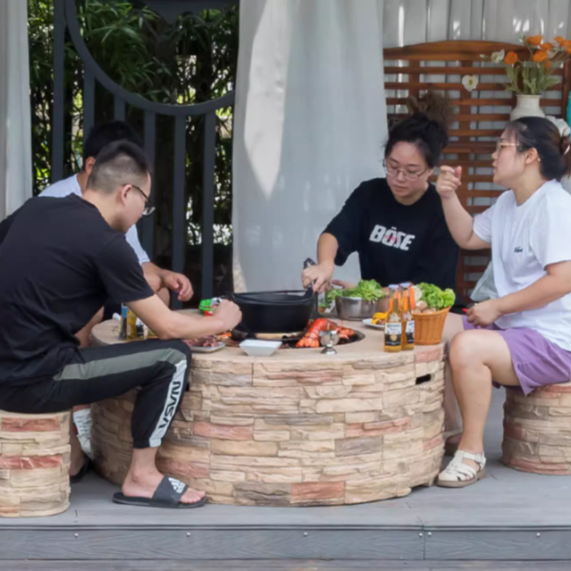 Outdoor Stone Charcoal Barbecue Grill With Hot Pot